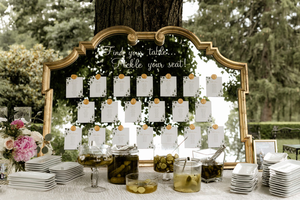 wedding seating chart with gold and mirror details