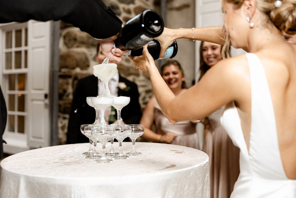 champagne tower at elegant wedding venue 