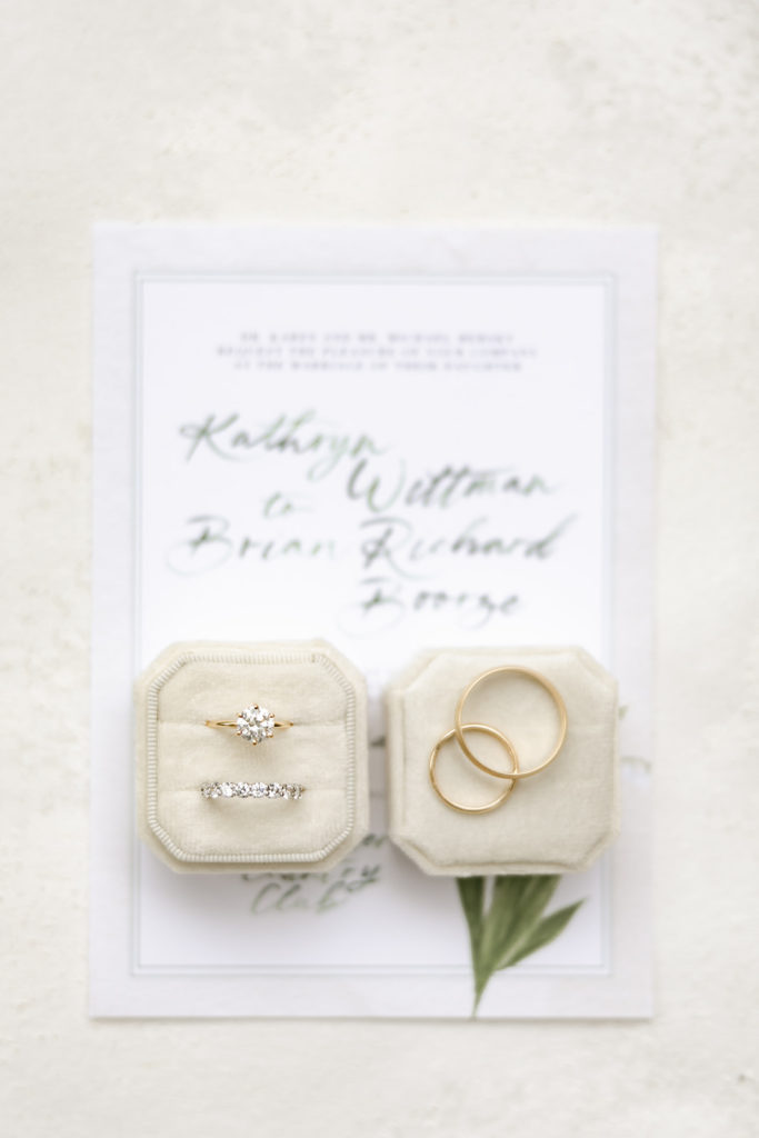 Ring and wedding inviations flatlay detail shot