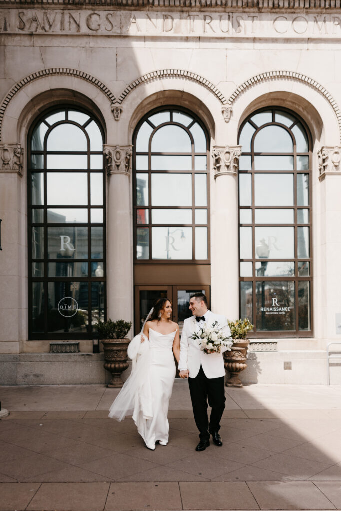 Couple celebrating their spring wedding day in downtown Allentown PA